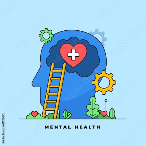Mental health medical psychology treatment visual concept. big head with love heart inside brain on fertile land vector illustration