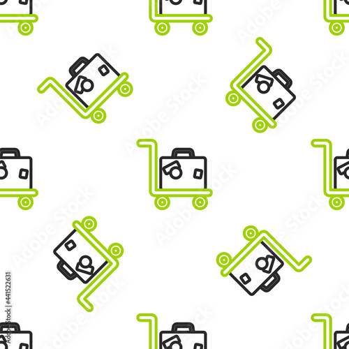 Line Hotel luggage cart with suitcase icon isolated seamless pattern on white background. Traveling baggage sign. Travel luggage icon. Vector