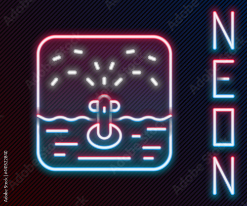 Glowing neon line Automatic irrigation sprinklers icon isolated on black background. Watering equipment. Garden element. Spray gun icon. Colorful outline concept. Vector