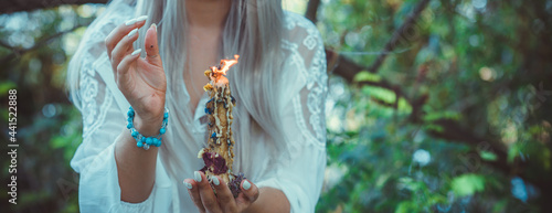 Magic of candles, magical attributes, herbs and flowers, Slavic/ Wicca rituals and esoteric concept photo