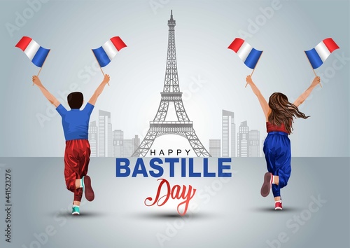 happy bastille day 14th July. a boy and girl running with France flag. vector illustration design.