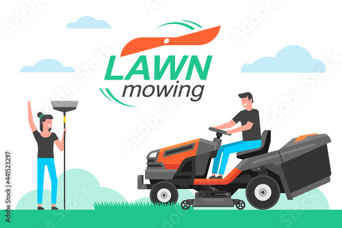 Man driving a tractor lawn mower in garden. mowing lawn. flat style