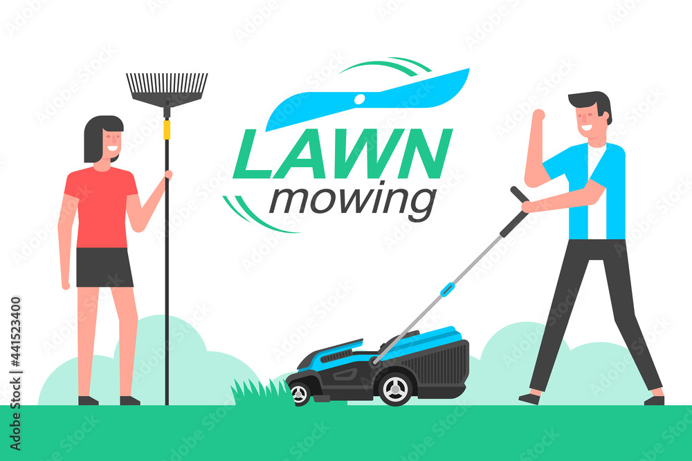 Man mowing the lawn. mowing lawn. flat style Man mowing the lawn. mowing lawn. flat style