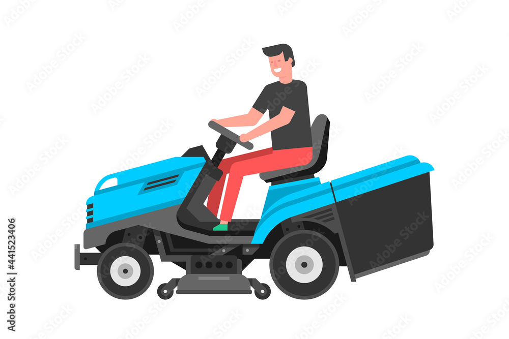 Man driving a riding lawn mower. mowing lawn. flat style Man driving a riding lawn mower. mowing lawn. flat style