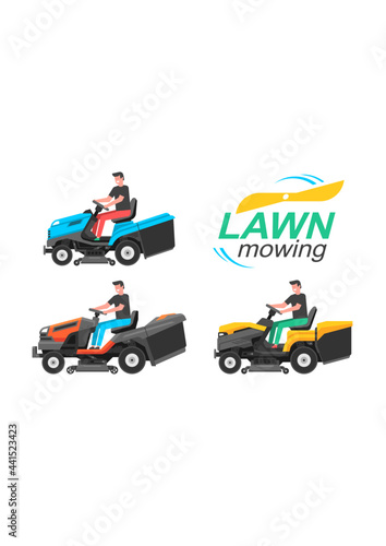 Man driving a riding lawn mower. mowing lawn. flat style
