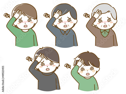 めまいがしている色々な年代の太った男性達