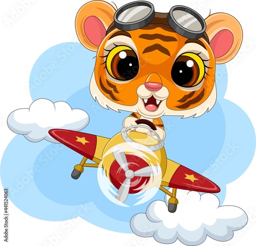 Cartoon baby tiger operating a plane