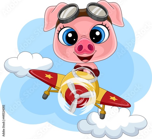 Cartoon baby pig operating a plane