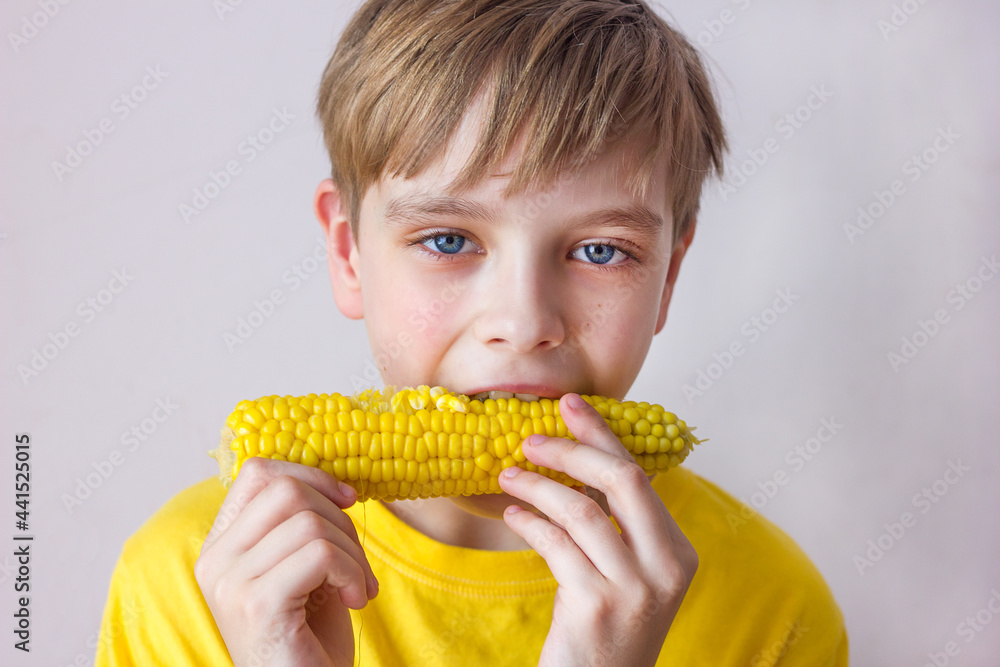 Boy schoolboy portrait close-up biting sweet boiled corn, favorite delicious and healthy snack in summer Boy schoolboy portrait close-up biting sweet boiled corn, favorite delicious and healthy snack in summer