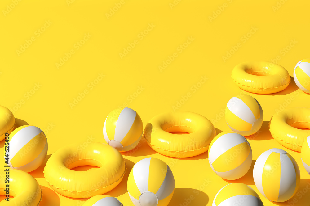 Top view of summer beach concept. Summer accessories, inflatable ring and ball on yellow background. 3D rendering. - obrazy, fototapety, plakaty 