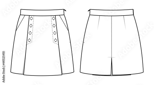 Fashion technical drawing of skirt shorts with buttons