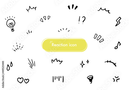 手書きのおしゃれでモノクロのリアクションアイコンのベクターイラストセット(気づく、発見、注目、驚く、太陽)