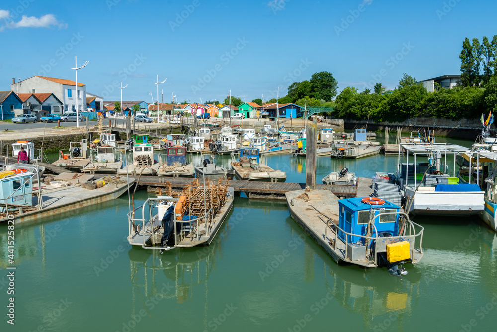 Oyster farming boats in harbour at Oleron Island, Atlantic coast France in Charente-Maritime