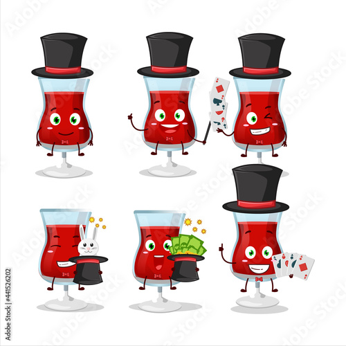 A red wine Magician cartoon character perform on a stage