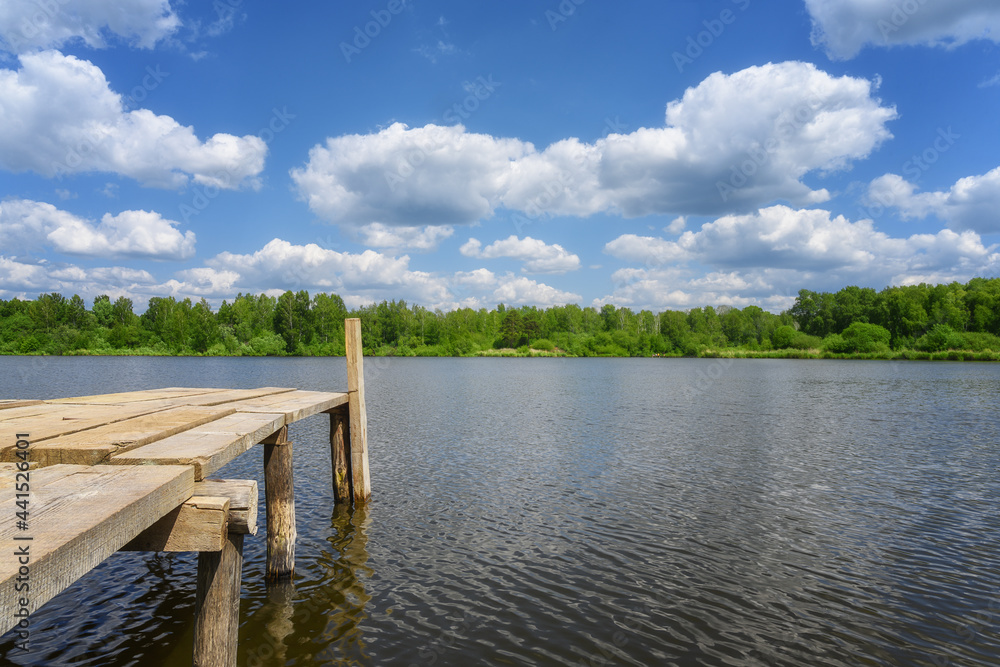 Wooden footbridge on a forest lake on a summer sunny day, side view. Reflection in the water of cumulus clouds and blue sky. In the distance, a deciduous forest with tender young greenery