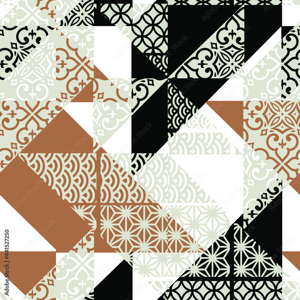 Fototapeta premium geometric vector floral and damasks patterns seamless patchwork of beautiful boho style on linen texture background . fashionable digital print pattern design