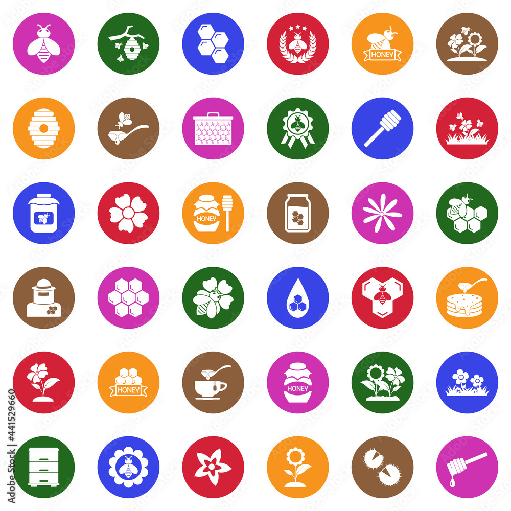 Bee And Honey Icons. White Flat Design In Circle. Vector Illustration. Bee And Honey Icons. White Flat Design In Circle. Vector Illustration.