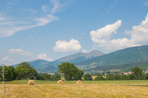 VIew of typical summer umbria landscape with hay balls in Gualdo Tadino photo