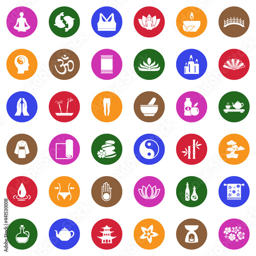 Yoga And Zen Icons. White Flat Design In Circle. Vector Illustration.