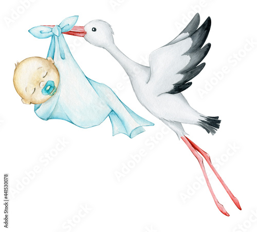 Flying, a white stork, carries a baby, in blue, fabric. Watercolor clipart, on an isolated background, for greeting cards, postcards.