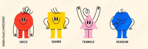 Set of Various bright basic Geometric Figures with face emotions, hands and legs. Different shapes. Hand drawn trendy Vector illustration for kids. Cute funny characters. All elements are isolated