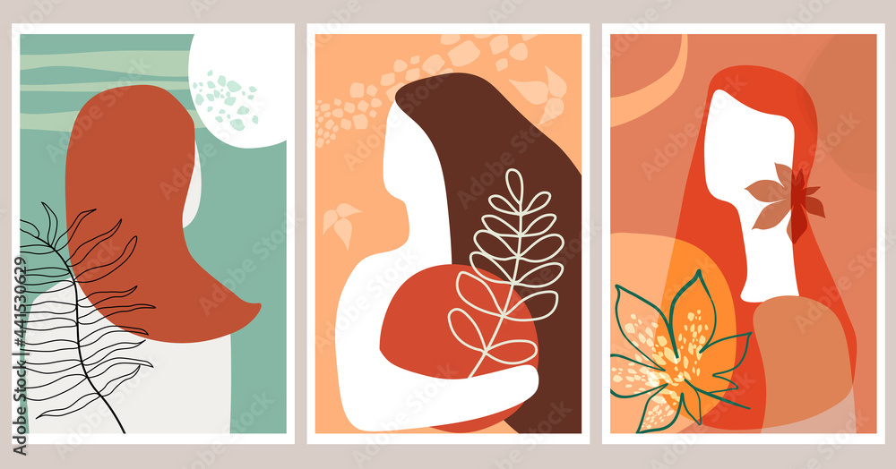 Set contemporary minimalistic art poster in the style of abstract art, made of simple shapes. Naked back of a woman with a leaf in profile, with long hair. Vector graphics.
