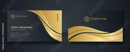 Set of black gold modern business card print templates. Personal visiting card with company logo. Vector illustration. Stationery design with simple modern luxury elegant abstract pattern background