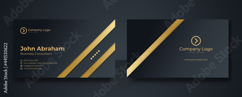 Set of black gold modern business card print templates. Personal visiting card with company logo. Vector illustration. Stationery design with simple modern luxury elegant abstract pattern background