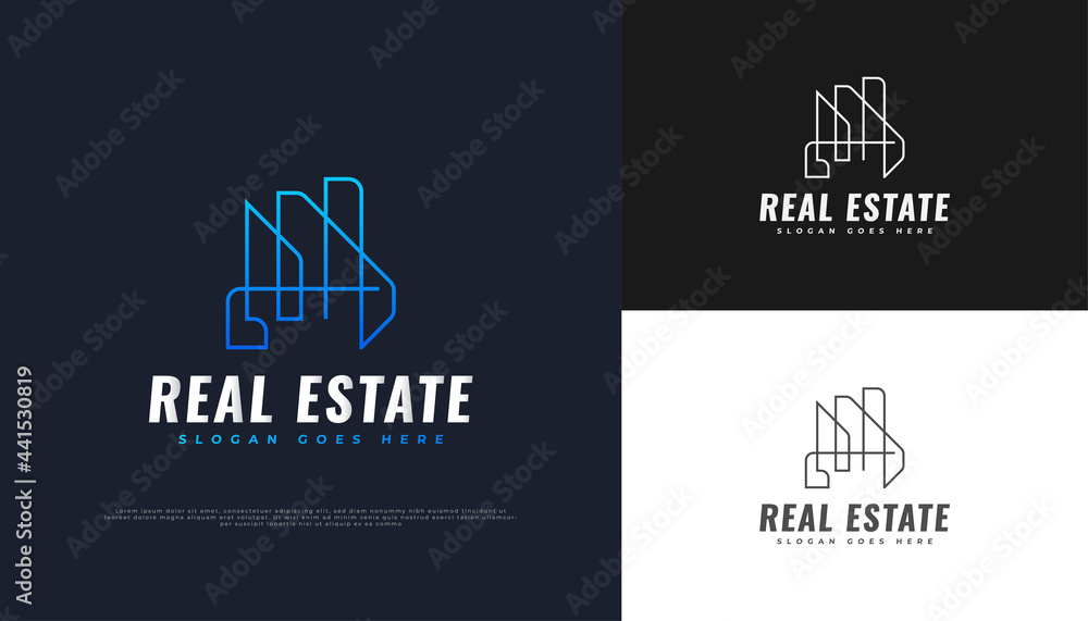 Abstract and Futuristic Real Estate Logo Design in Blue Gradient with Line Style