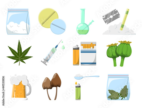 Set of drugs vector isolated. Concept of adiction and danger for health. Cocaine, tablet, syringe and marijuana. Narcotic collection.