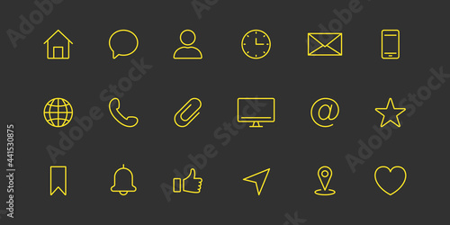 Business Card Line Icon Set. Yellow Simple Communication Linear Icon. Contact Info Pictogram. Address, Email, Phone, Message, Chat. Set of Website Pictogram. Editable stroke. Vector illustration photo