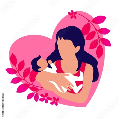 Vector illustration of a loving mother holding a baby in her arms. Maternal love and care for children. Long-awaited child. Postpartum period. Pink heart background with floral elements