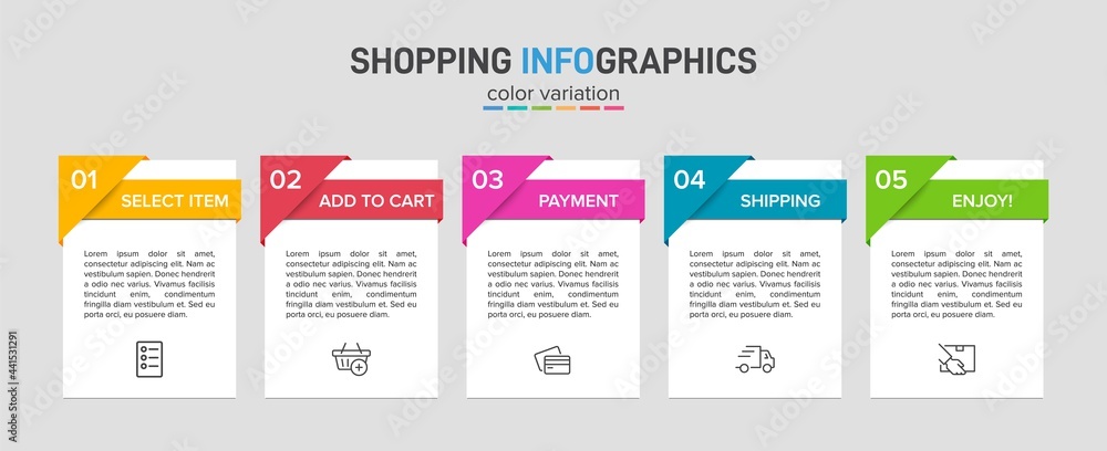 Concept of shopping process with 5 successive steps. Five colorful graphic elements. Timeline design for brochure, presentation, web site. Infographic design layout. Concept of shopping process with 5 successive steps. Five colorful graphic elements. Timeline design for brochure, presentation, web site. Infographic design layout.