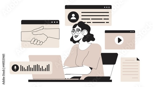 Business woman, designer or freelancer with laptop sit in office or work from home sign contract, make deal online. Character manage or finish project. Successful start up, art director concept.