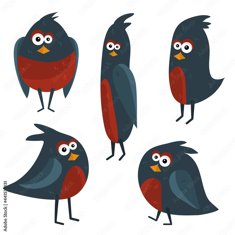 A flock of birds. Unusual and funny painted birds in a cartoon style. Cartoon. Stickers. Design of a postcard, banner, vector illustration in a book. A flock of birds. Unusual and funny painted birds in a cartoon style. Cartoon. Stickers. Design of a postcard, banner, vector illustration in a book.