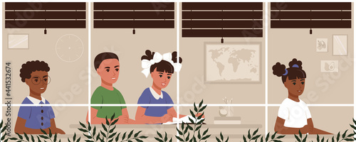 Classroom at school. International children study at their desks in the class. Cartoon vector illustration girls and boys