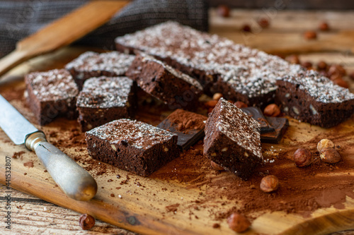 Hazelnut brownies fresh and homemade bake on wooden table