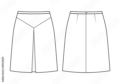 Fashion technical drawing of A-line skirt with yoke