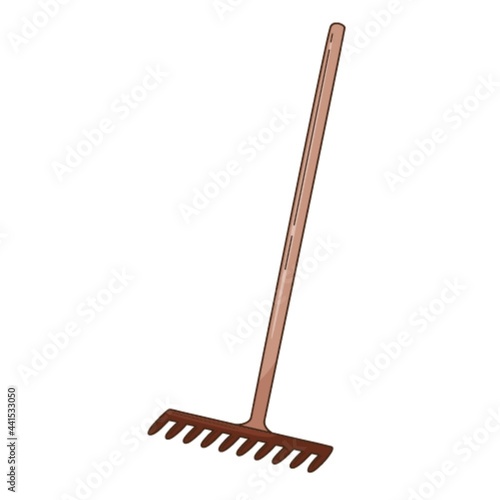 Rake for loosening the ground and collecting leaves. Garden tools, a symbol of autumn. Decorative element with an outline. Doodle, hand-drawn. Flat design. Color vector illustration. Isolated on white