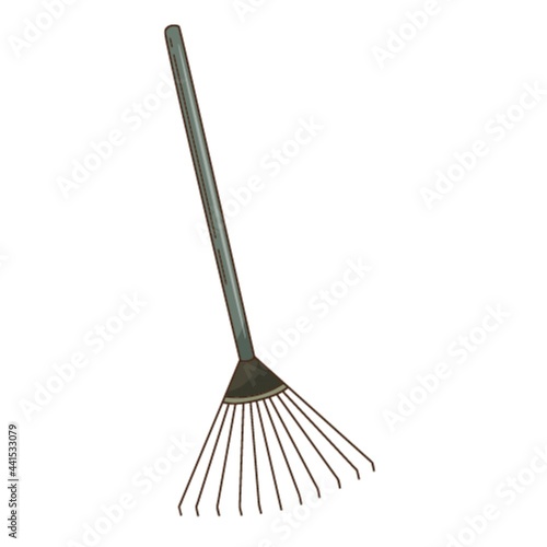 Rake for loosening the ground and collecting leaves. Garden tools, a symbol of autumn. Decorative element with an outline. Doodle, hand-drawn. Flat design. Color vector illustration. Isolated on white