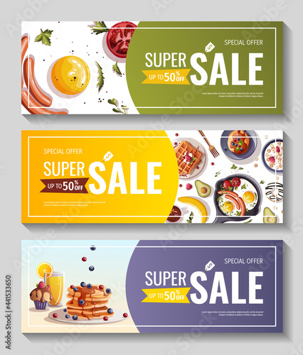 Set of promo banners for breakfast menu, healthy eating, nutrition, cooking, fresh food, dessert, diet, pastry, cuisine. Vector illustration for banner, flyer, cover, advertising, menu, poster.