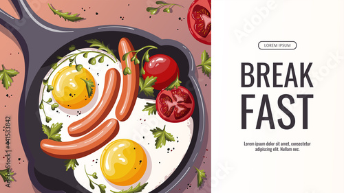 Promo banner with Pan with scrambled eggs, sausages, tomatos. Healthy eating, nutrition, diet, cooking, breakfast menu, fresh food concept. Vector illustration for banner, flyer, poster, menu.