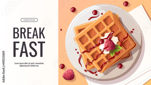 Promo banner with Belgian waffles with berries. Healthy eating, nutrition, cooking, breakfast menu, fresh food, dessert, recipes, pastry. Vector illustration for banner, poster, special offer, menu.