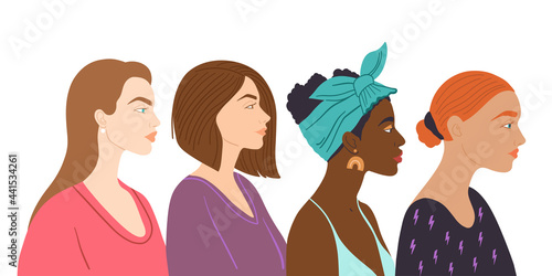 Vector portraits of women  of different nationalities and cultures. Concept of girl power, sisterhood and union of feminists. 