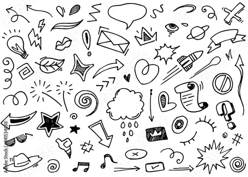 Hand drawn set elements, Abstract arrows, ribbon, heart, star leaf, crown and other elements in hand drawn style for concept design. Scribble illustration. Vector illustration. © dadan