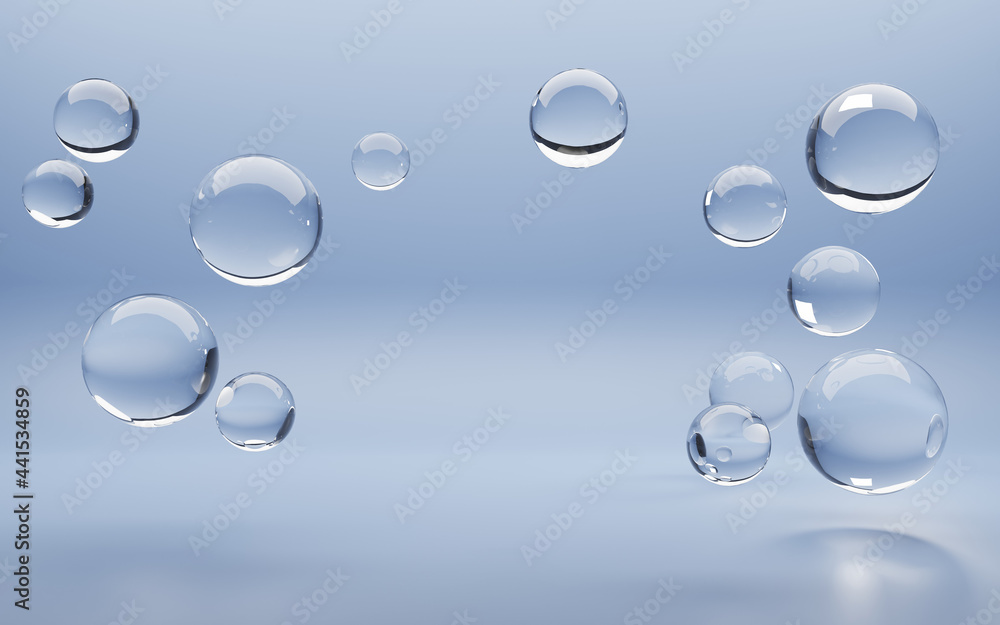 Water sea background with clear air bubbles spheres. Underwater texture with liquid balls or drops on blue aqua backdrop. Realistic 3d illustration surface for product advertising, mock up banner