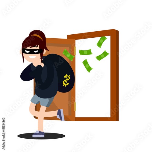 Thief with bag of money. Funny criminal woman in black mask. House and bank robbery. Cartoon flat illustration. Girl in doorway. Brown door. Problem of urban economic security