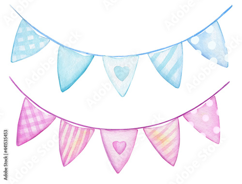 Garlands of flags, blue and pink. Watercolor set, elements, for greeting cards.