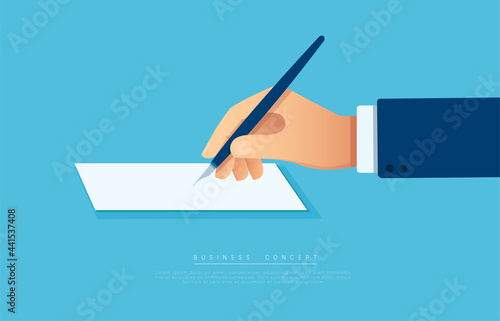 hand with pen writing on the white page. vector illustration