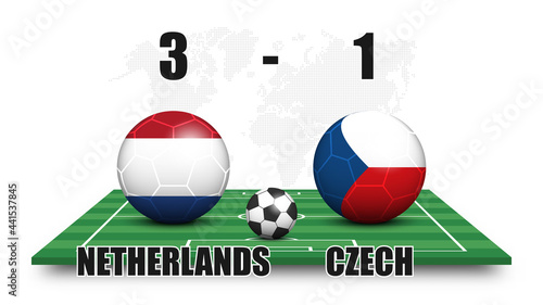 Netherlands vs Czech . Soccer ball with national flag pattern on perspective football field . Dots world map background . Football match result and scoreboard . Sport cup tournament . 3D vector design